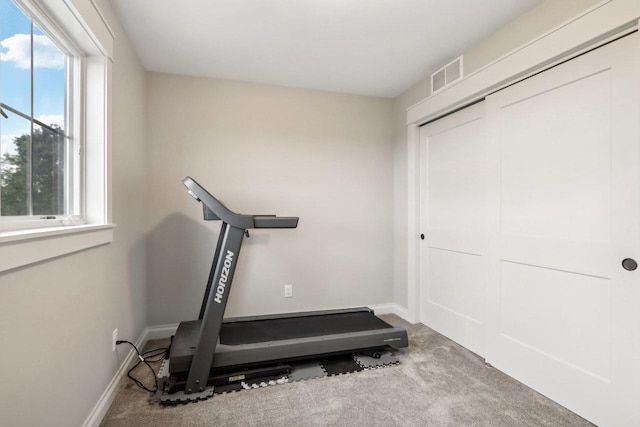 workout area featuring carpet