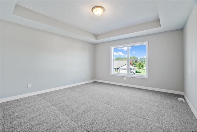 spare room featuring a tray ceiling and carpet floors