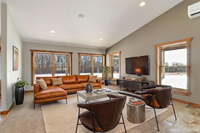 living room featuring lofted ceiling and a wall unit AC