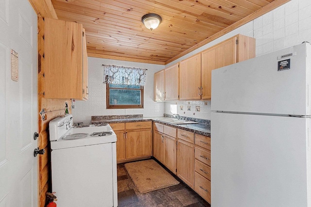 kitchen with sink, light brown cabinetry, wood ceiling, and white appliances