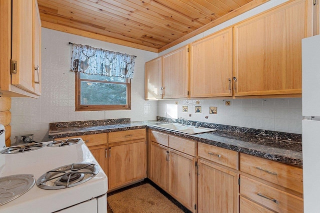 kitchen featuring sink, white appliances, dark stone countertops, tasteful backsplash, and wooden ceiling