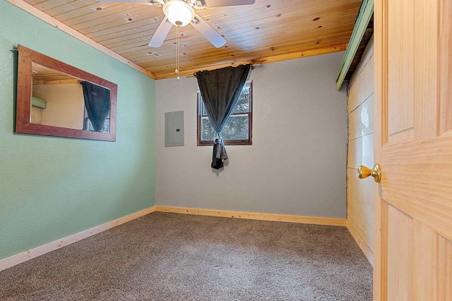 unfurnished room featuring ceiling fan, electric panel, carpet, and wooden ceiling