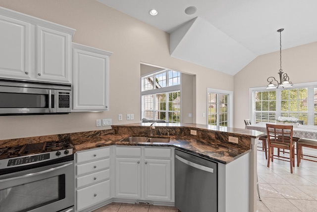 kitchen with white cabinetry, appliances with stainless steel finishes, sink, and kitchen peninsula