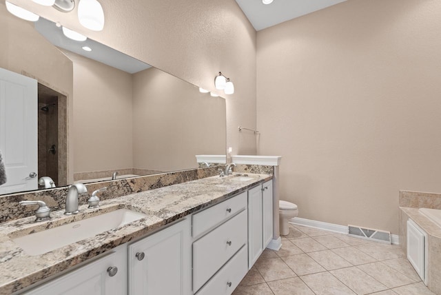 full bathroom featuring vanity, toilet, tile patterned flooring, and plus walk in shower