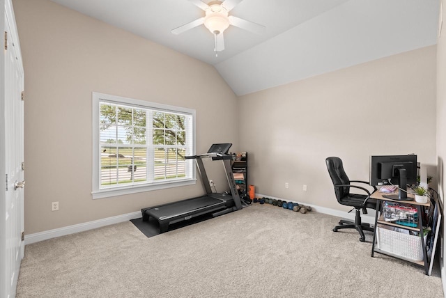 home office with lofted ceiling, light carpet, and ceiling fan