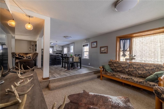 carpeted living room featuring a textured ceiling