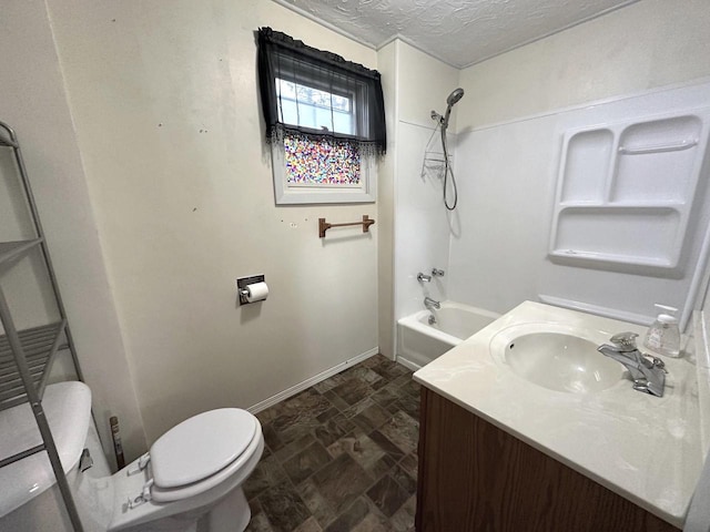 full bathroom with vanity, a textured ceiling, toilet, and washtub / shower combination