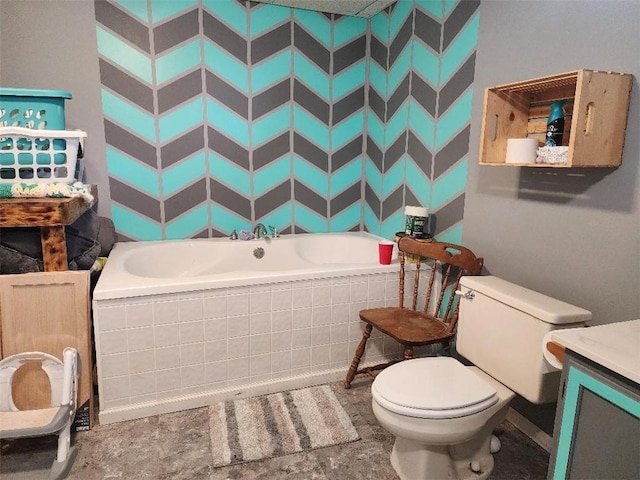 bathroom featuring a relaxing tiled tub and toilet