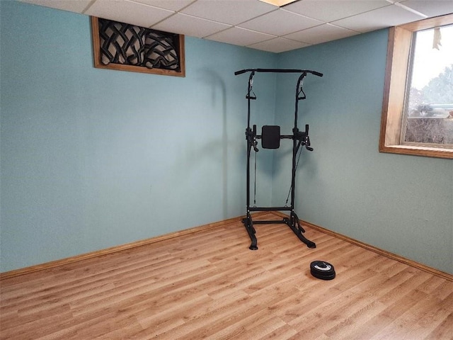 workout room featuring hardwood / wood-style flooring and a paneled ceiling