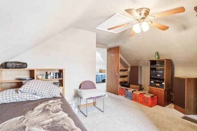 bedroom with lofted ceiling, carpet floors, and ceiling fan