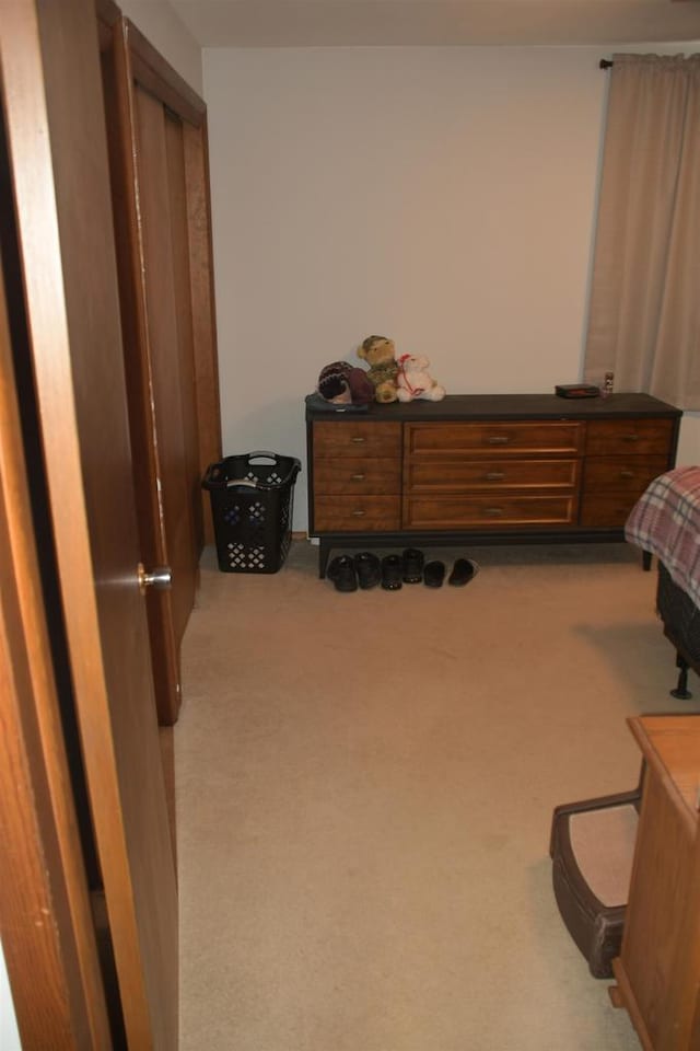 bedroom featuring light colored carpet