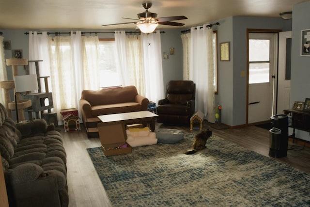 living room with hardwood / wood-style floors, a healthy amount of sunlight, and ceiling fan