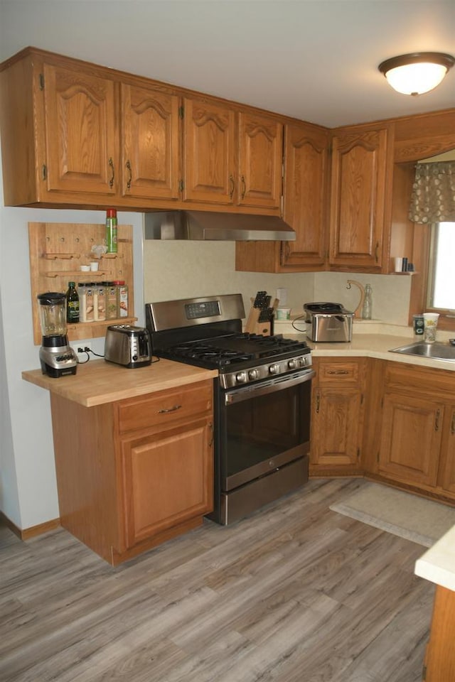 kitchen featuring stainless steel range with gas cooktop, sink, and light hardwood / wood-style flooring