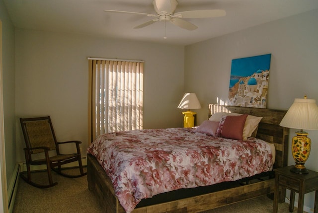 carpeted bedroom with a baseboard radiator and ceiling fan