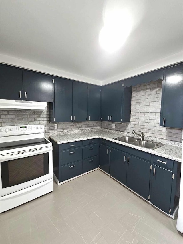 kitchen with sink, decorative backsplash, and white electric stove