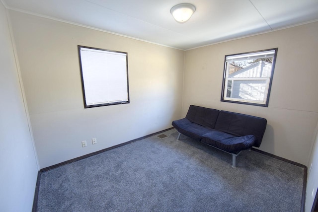 unfurnished room with crown molding and carpet floors