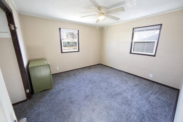 carpeted empty room featuring ceiling fan, a healthy amount of sunlight, a textured ceiling, and ornamental molding