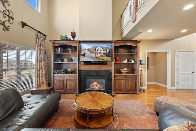 living room with a premium fireplace and light wood-type flooring