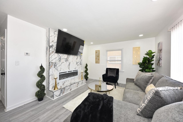 living room featuring a fireplace and light hardwood / wood-style floors