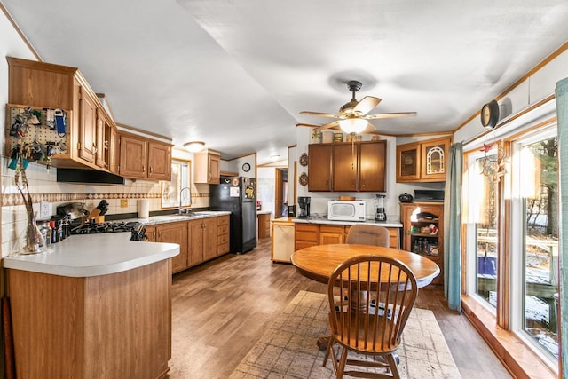 kitchen with black refrigerator, sink, decorative backsplash, and a healthy amount of sunlight