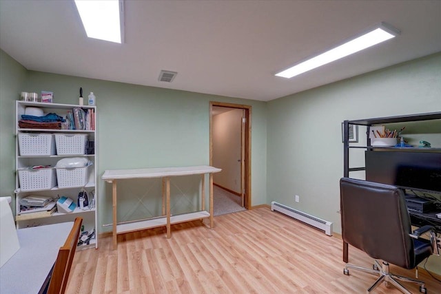 office space with a baseboard radiator and light hardwood / wood-style floors