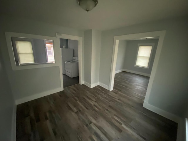 empty room with separate washer and dryer and dark wood-type flooring