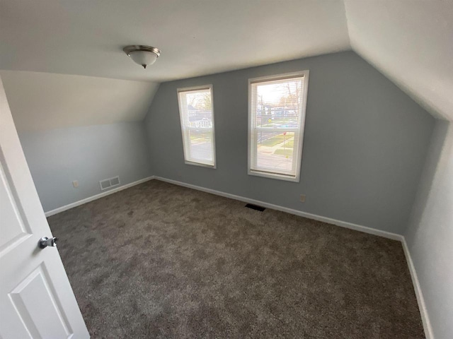 additional living space with lofted ceiling and dark colored carpet