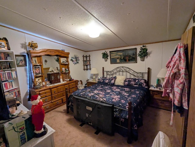 carpeted bedroom with a textured ceiling