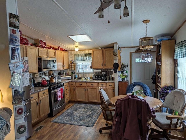 kitchen featuring appliances with stainless steel finishes, vaulted ceiling with skylight, decorative light fixtures, sink, and dark hardwood / wood-style flooring