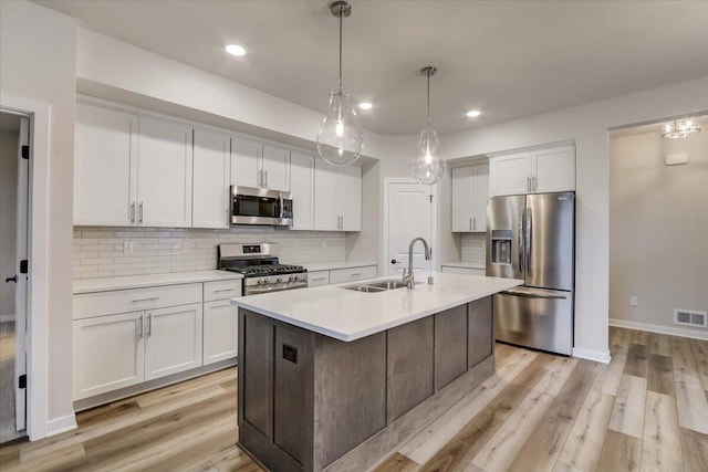 kitchen featuring sink, appliances with stainless steel finishes, tasteful backsplash, white cabinets, and a center island with sink