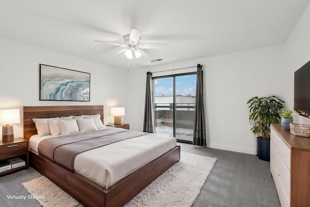 carpeted bedroom with access to outside and ceiling fan