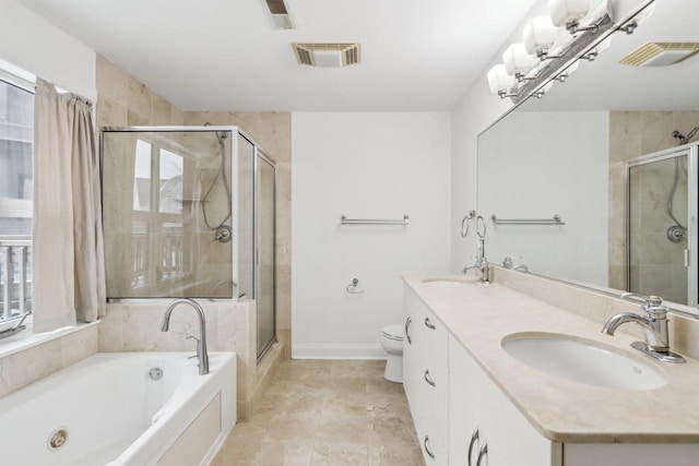 full bathroom featuring vanity, separate shower and tub, a notable chandelier, and toilet