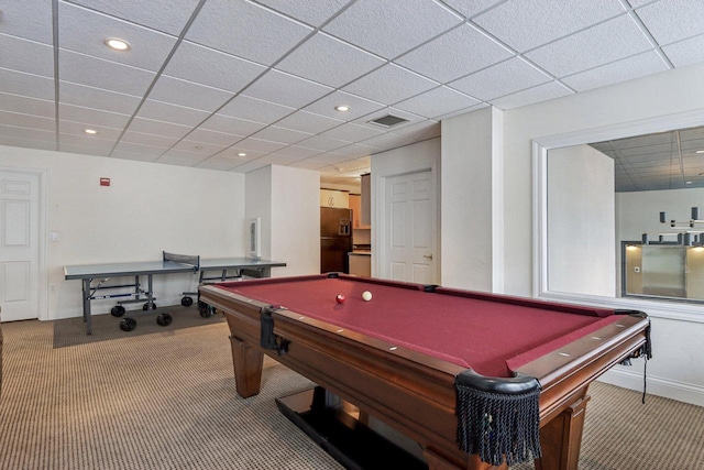 game room with pool table, carpet floors, and a paneled ceiling