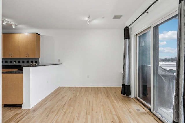 kitchen featuring rail lighting, decorative backsplash, and light hardwood / wood-style flooring