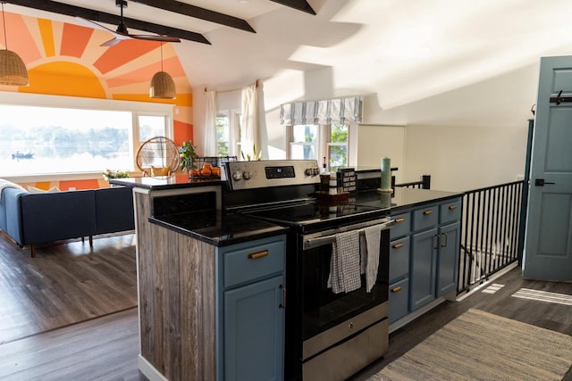 kitchen with stainless steel electric range, vaulted ceiling with beams, dark hardwood / wood-style floors, blue cabinets, and decorative light fixtures