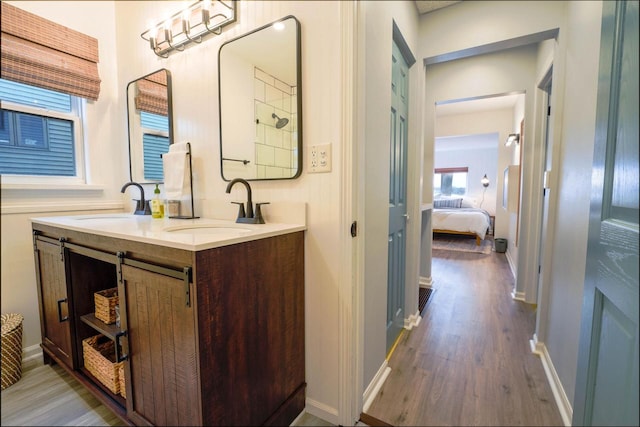 bathroom featuring vanity and hardwood / wood-style floors