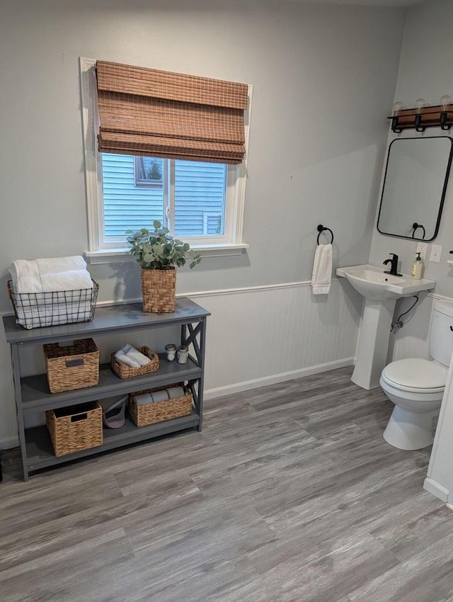 bathroom with hardwood / wood-style flooring and toilet