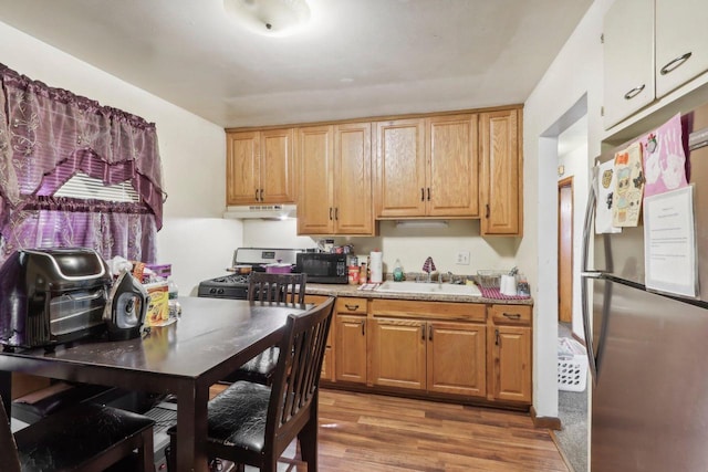 kitchen with hardwood / wood-style flooring, stove, sink, and stainless steel fridge