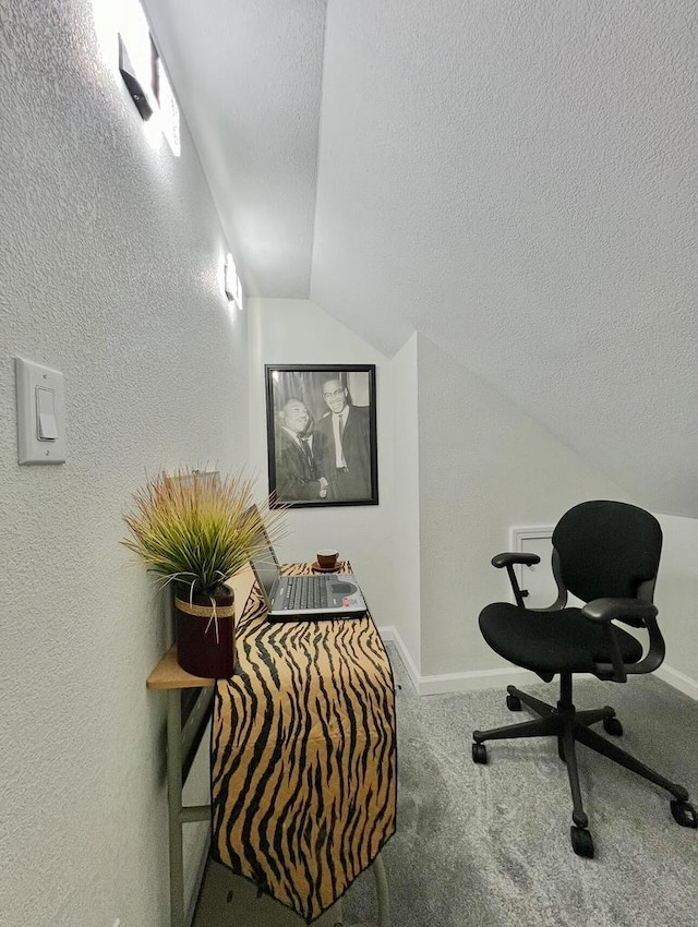 interior space featuring lofted ceiling, carpet, and a textured ceiling