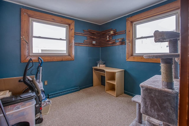 interior space featuring crown molding, carpet, and a wealth of natural light