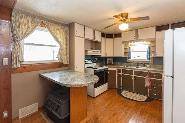 kitchen featuring sink, a textured ceiling, light wood-type flooring, kitchen peninsula, and white appliances