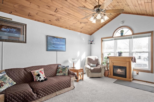 carpeted living room with lofted ceiling, wooden ceiling, and ceiling fan