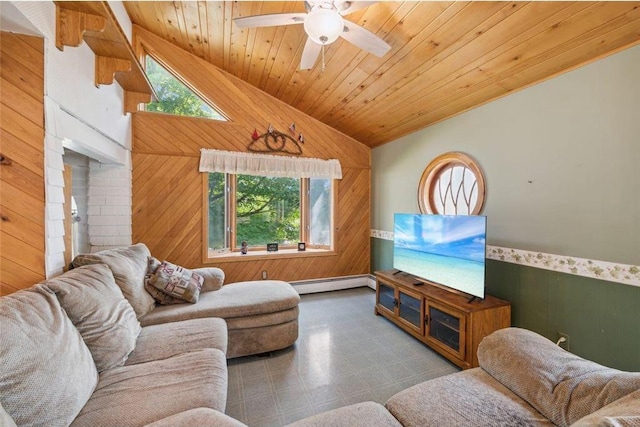 living room with vaulted ceiling, wood walls, a baseboard heating unit, wood ceiling, and ceiling fan