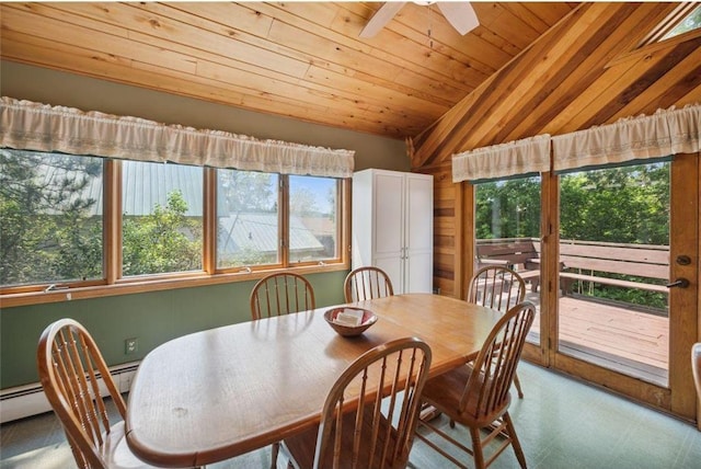 dining room featuring vaulted ceiling, ceiling fan, and wood ceiling