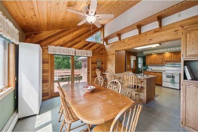 dining room with high vaulted ceiling, wooden walls, sink, a baseboard heating unit, and wooden ceiling