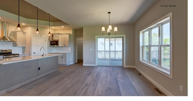 kitchen with wood-type flooring, sink, hanging light fixtures, stainless steel appliances, and wall chimney range hood