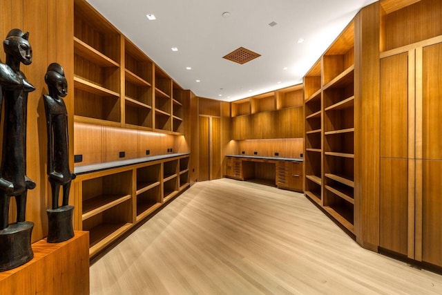 interior space featuring wooden walls and light hardwood / wood-style flooring