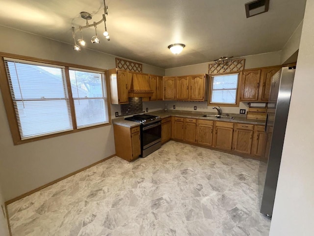 kitchen with tasteful backsplash, stainless steel appliances, sink, and custom exhaust hood