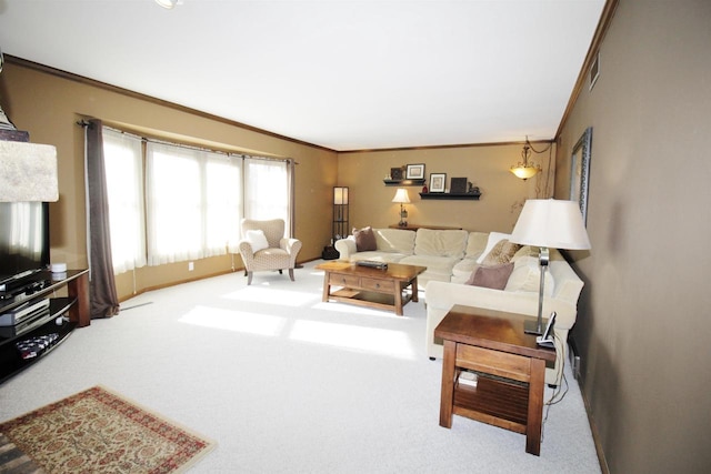 carpeted living room with crown molding