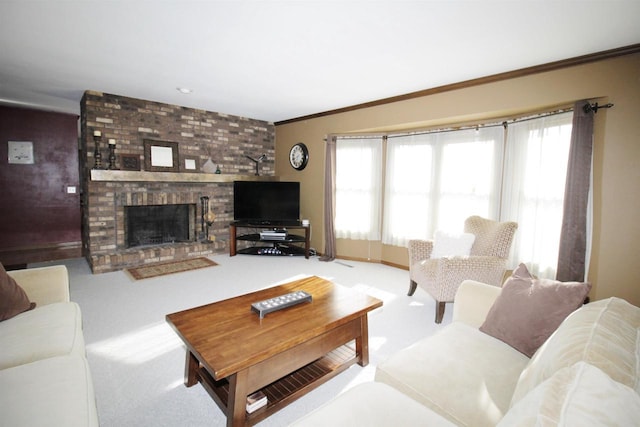 living room with crown molding, carpet, and a brick fireplace